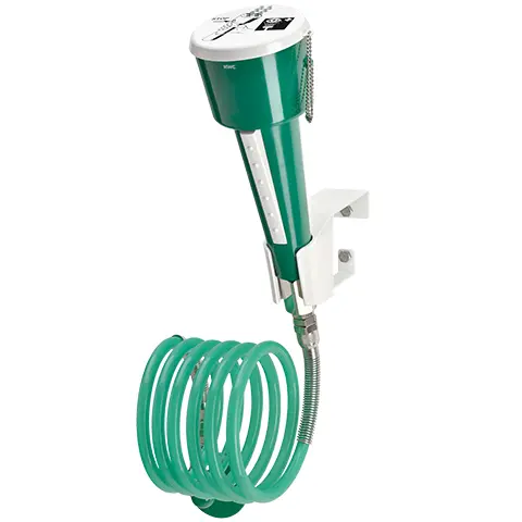 KWC Franke Douche oculo/faciale en plastique vert, avec tuyau spirale de 2 m, actionnement manuel avec touche ergonomque en laiton verni blanc, inclinaison en avant de 20°, tuyau flexible en inox, capuchon de protection contre la poussière à enlèvement au