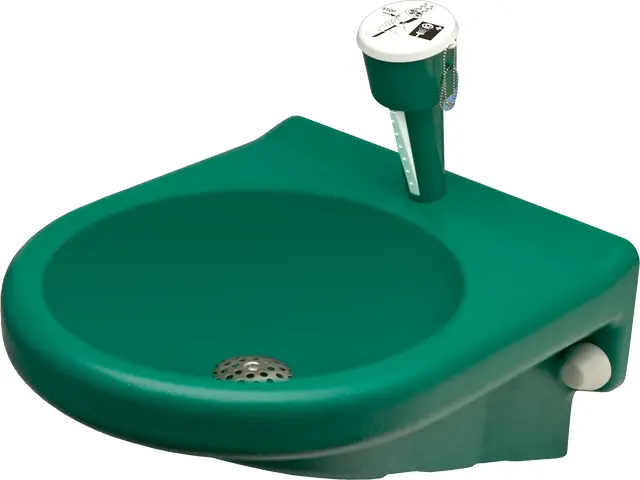 KWC Franke Douche oculo/faciale avec lavabo en plastique vert et support pour montage mural. Douchette avec raccord pour tuyau. Conforme aux exigences de la norme EN 15154, partie 2. Douchette en plastique vert, protection contre la poussière avec mode d’