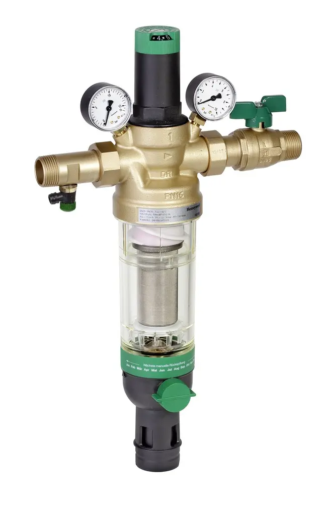 Resideo Honeywell Combination water supply unit, HS10S TOP HS10S w a non return valve with test point, reverse rinsing fine filter, pressure reducing valve and shutoff valve Brass AA 1 1/4 HS10S-1 1/4AA HS10S-1 1/4AA