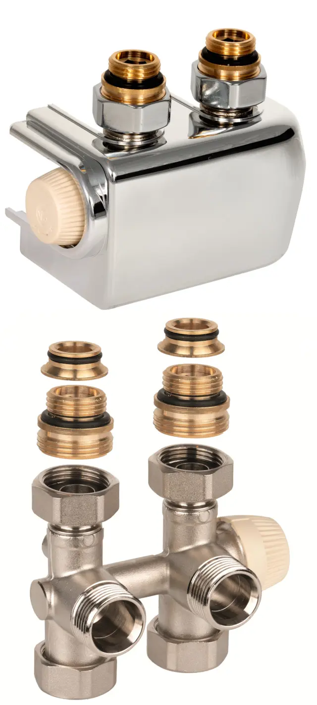 Resideo H-Block mit Heizkörperventil Therafix Universal, 2-Rohr, 3/4, chrom V2474EDCSY015