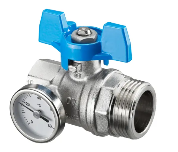 Oventrop Ball Valve blue handle with Thermometer 3/4 internal thread x 1 external thread flat-sealing 1406583