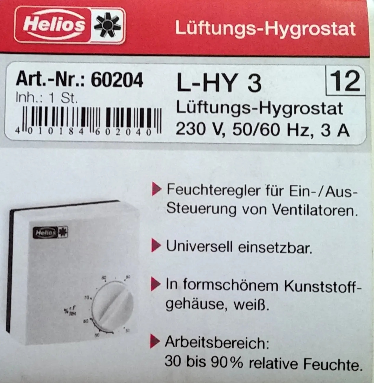 Helios Hygrostat Helios L-HY 3 AP IP 20 60204
