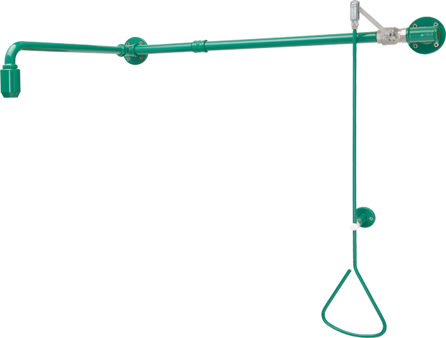 KWC Franke Pull-rod operated emergency shower, for surface mounting next to doors, with water supply from left or right, valve operated by triangular handle to the right or the left of the exit. Valve mounted to the side above the door, with wall bracket 
