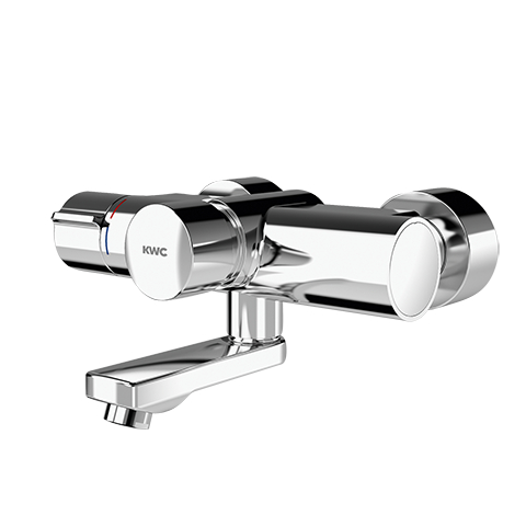 KWC Franke F5S-Therm mitigeur thermostatique mural à arrêt automatique DN 15 pour le montage en saillie avec sortie pivotante bloquante, pour les installations sanitaires. À commande hydraulique, pour le raccordement sur les arrivées d’eau chaude et d’eau
