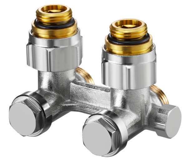 Oventrop Shut-off angle Screw connection ZBU Multiflex F 1/2 external thread x3/4 external thread nickel-plated for draining 1015994