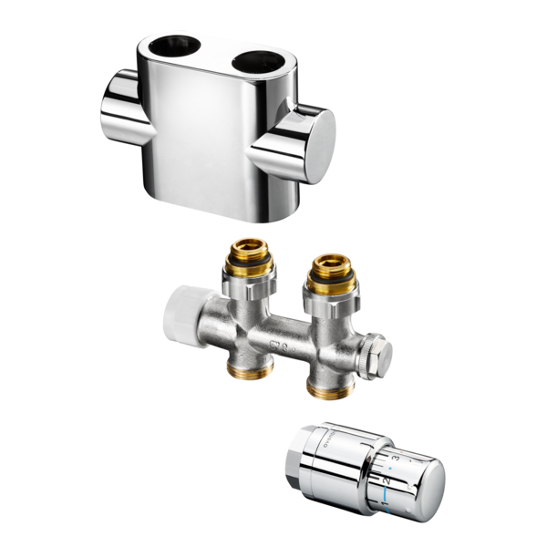 Oventrop Jeu avec Multiblock T droit et Uni SH pour radiateurs avec filetage femelle G ½, avec raccord Multiblock T, cache design, tête thermostatique Uni SH et SH-Cap, blanc/chrome 1184183