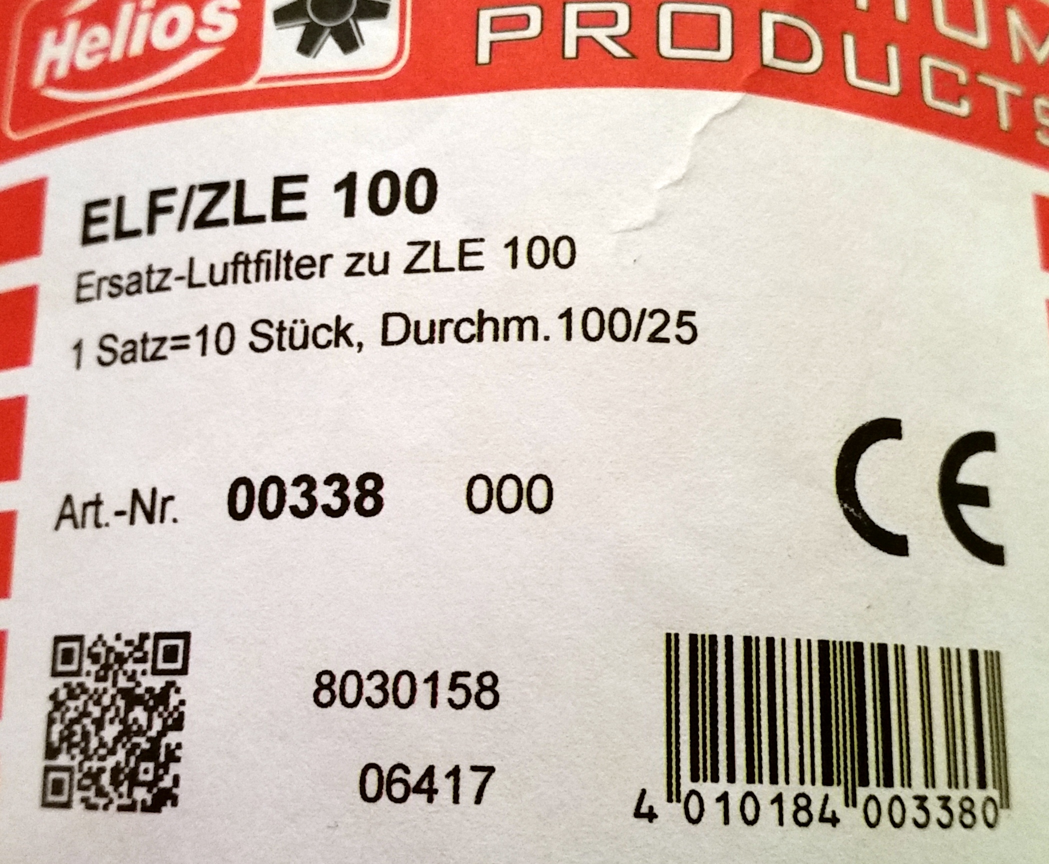 Helios ELF/ZLE 100 Ersatz-Luftfilter zu ZLE 100 10 Stueck 0338
