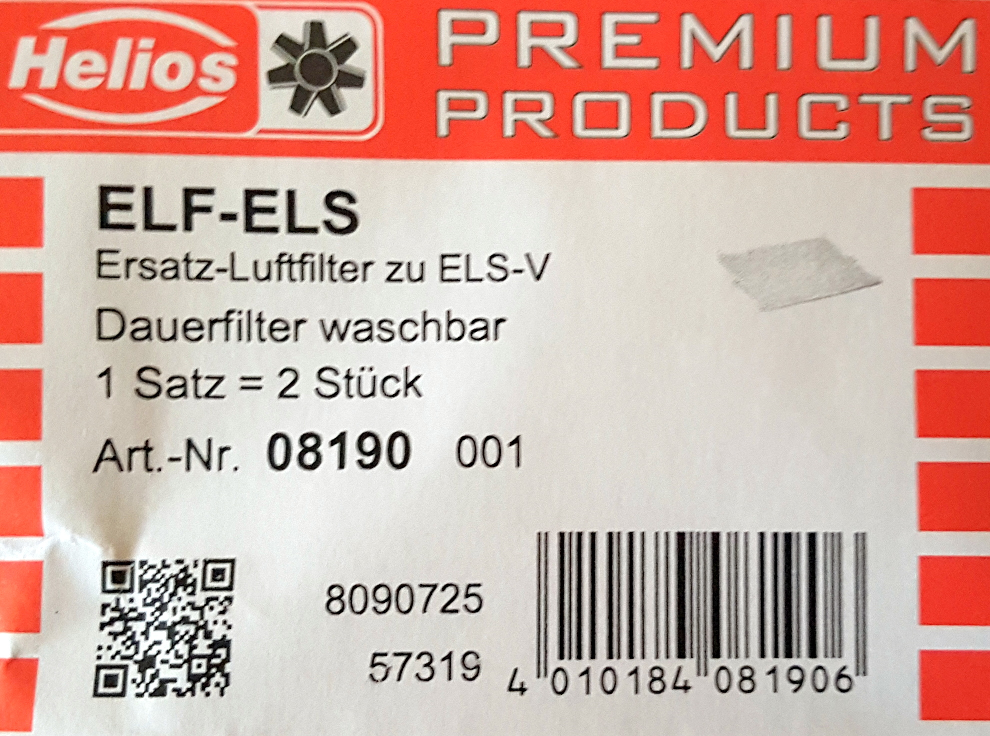 Helios ELF-ELS Spare air filter for ELS-V 8190 08190
