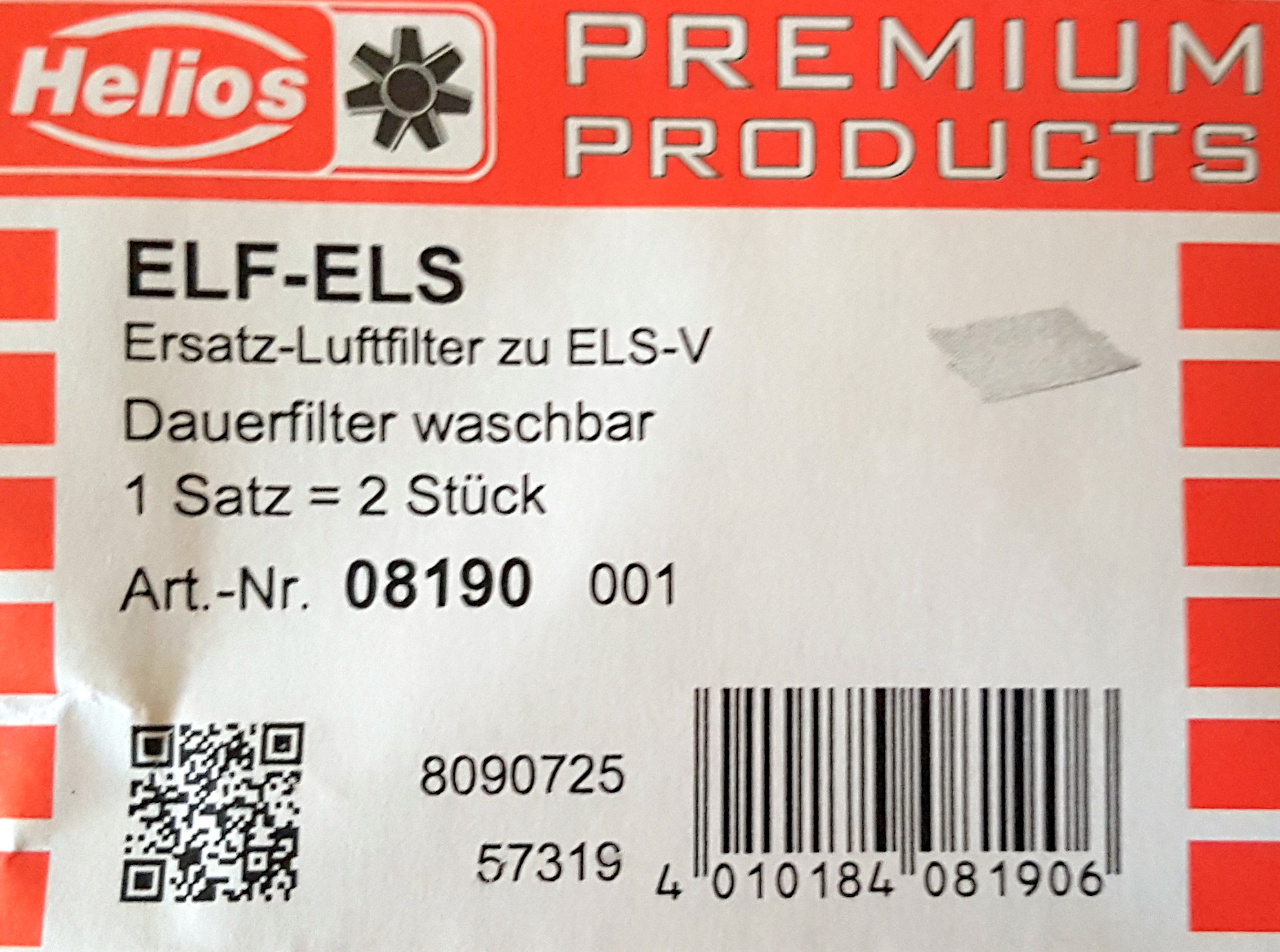 Helios ELF-ELS Ersatz-Luftfilter zu ELS-V am Lager 8190