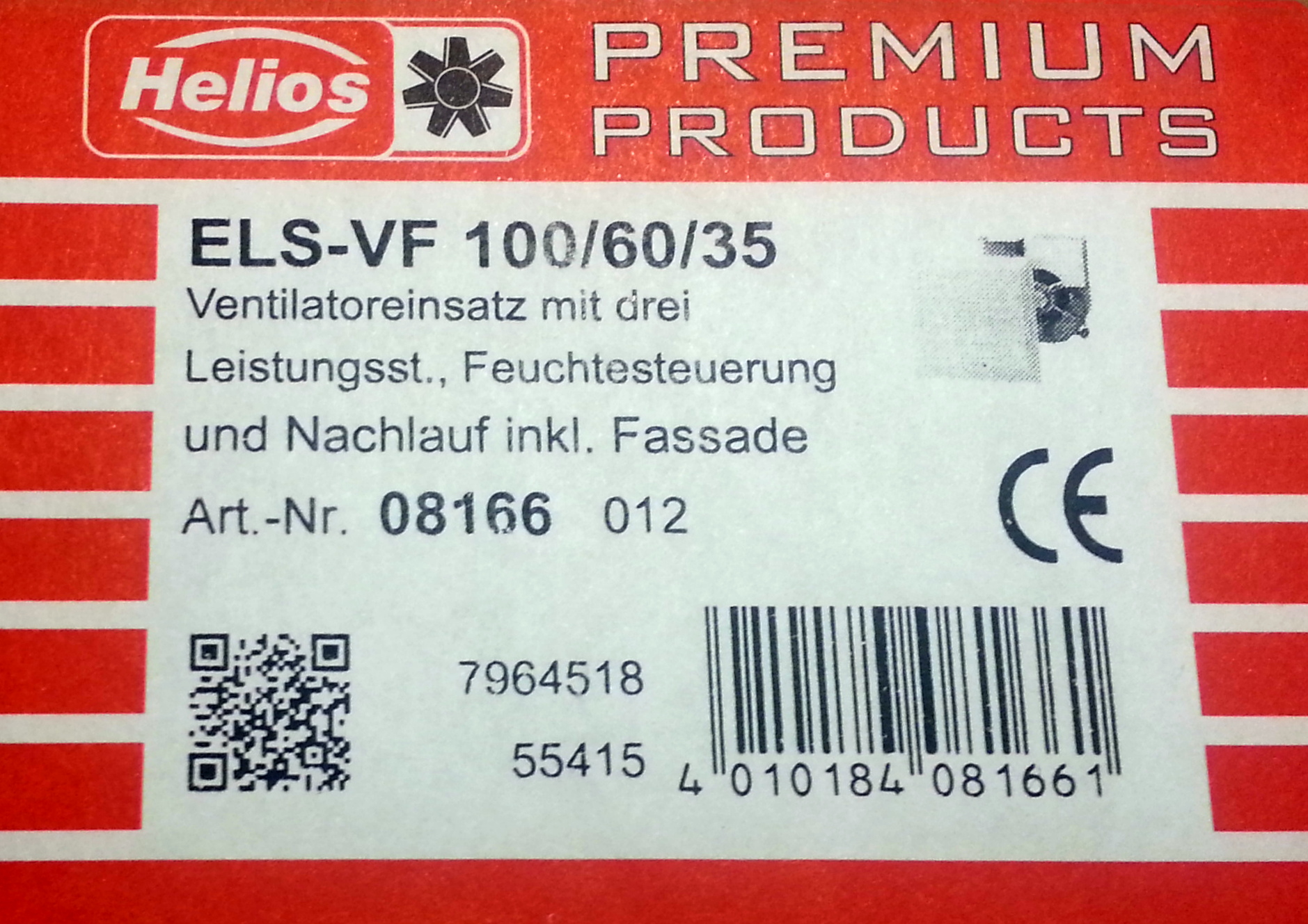 Helios ELS-VF 100/60/35 Ventilatoreinsatz mit 3 Leistungsstufen mit Feuchteverlaufsautomatik 8166
